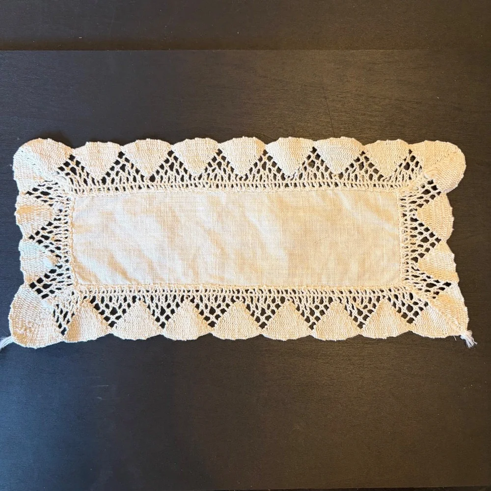 Vintage Off White Linen Dresser Scarf Crochet Lace Trim Small Table Runner 13x6